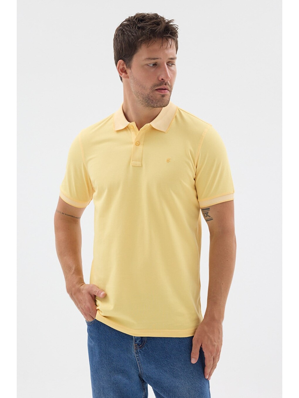 Sarı Polo Yaka Pike Kısa Kol Slim Fit %100 Pamuk Tişört 1011260171-2