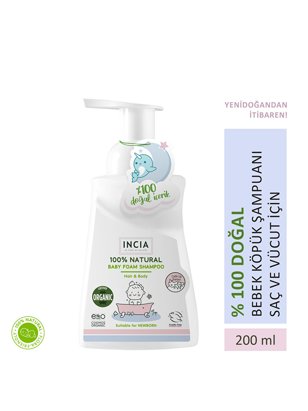 %100 Doğal Organik Sertifikalı Bebek Köpük Şampuanı Saç ve Vücut Konak Önleyici Yenidoğan 200 ml
