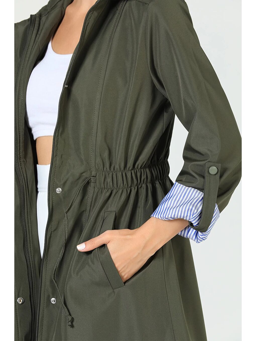 Haki Kadın Bel Bağcıklı Astarlı Slim Fit Uzun Trençkot-6