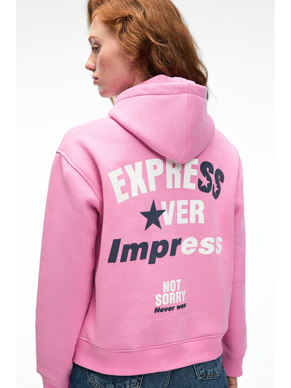 Yumea Kadın Oversize Kapüşonlu Baskılı Pembe Sweatshirt-6