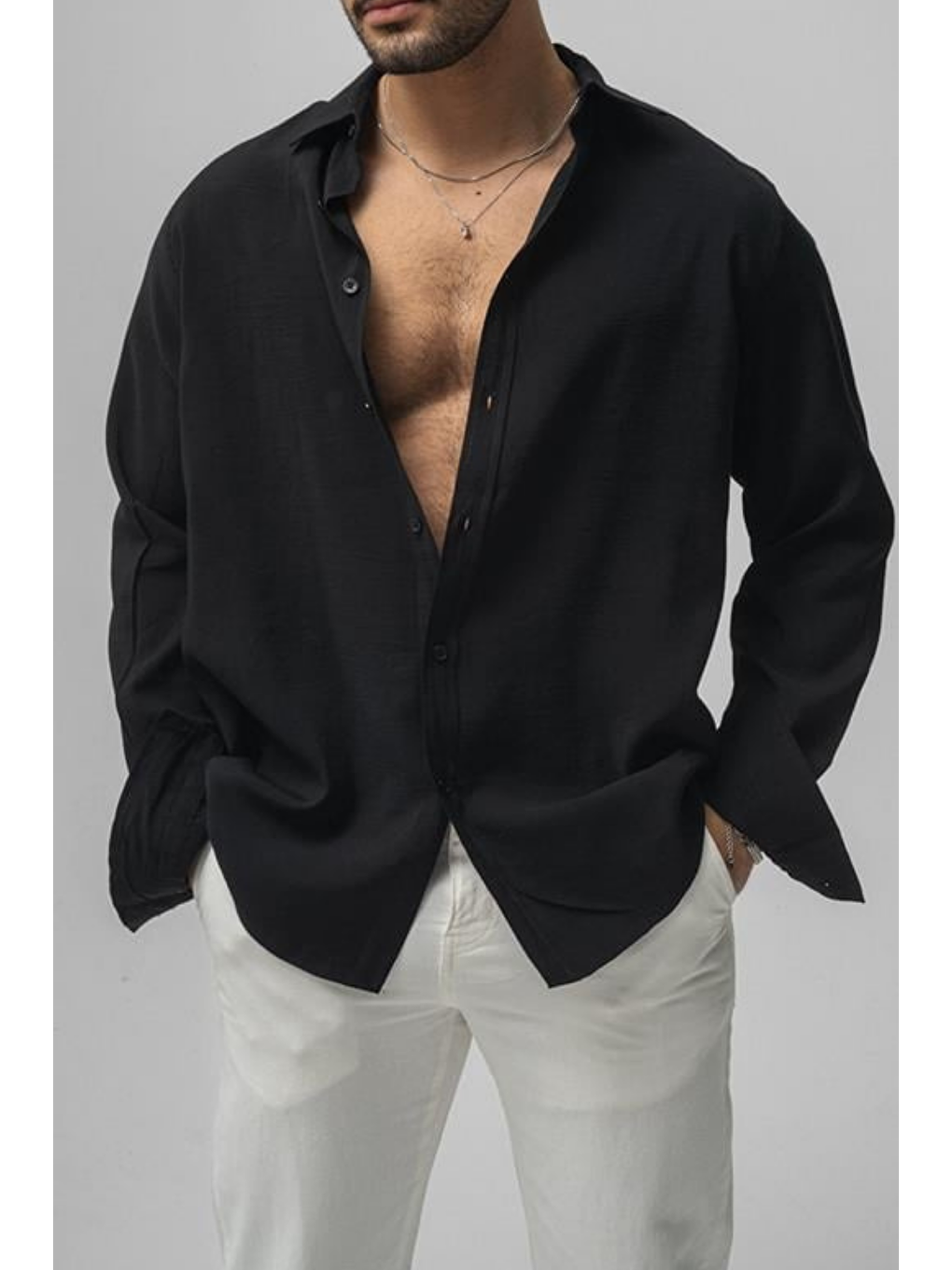 Erkek Siyah Düz Keten Oversize Gömlek-1