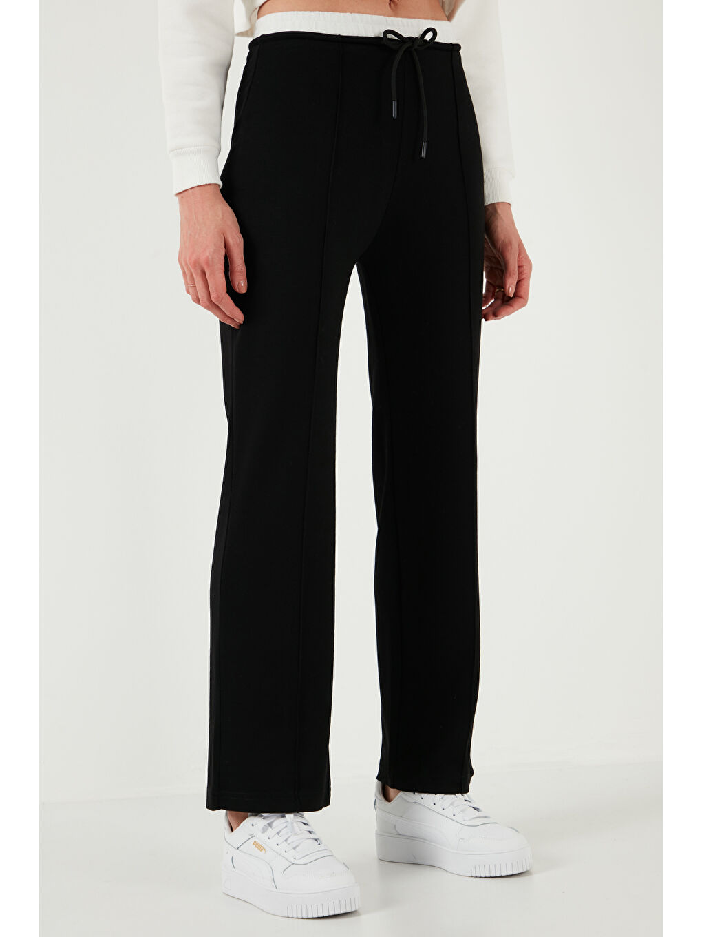 Siyah Streç Slim Fit Yüksek Bel Geniş Paça Çimalı Kadın Eşofman Altı 5866078-3