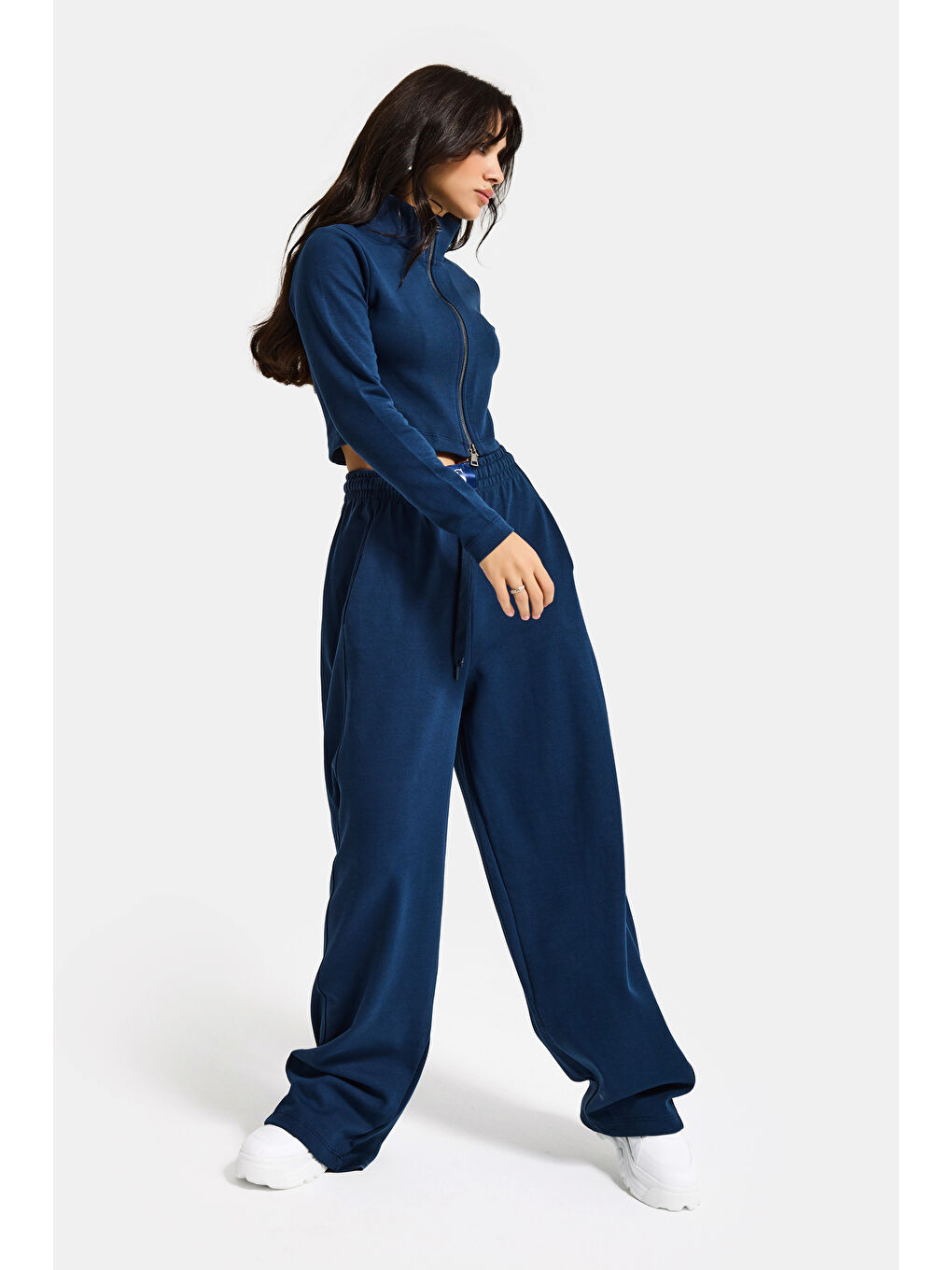 Kadın Lacivert Renk w5-56 Örme Kumaş Eşofman ve Fermuarlı Sweatshirt Alt Üst 2'li Kombin Takım-4