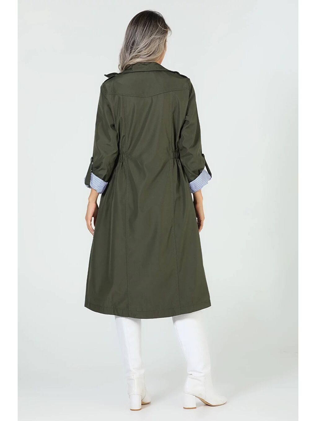 Haki Kadın Bel Bağcıklı Astarlı Slim Fit Uzun Trençkot-7