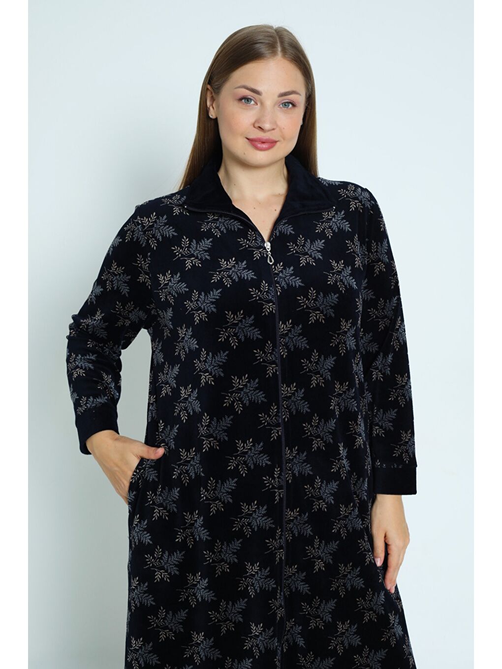 Desenli Lacivert Fermuarlı Uzun Kollu Pamuklu Kadife Uzun Kadın Büyük Beden Elbise-2