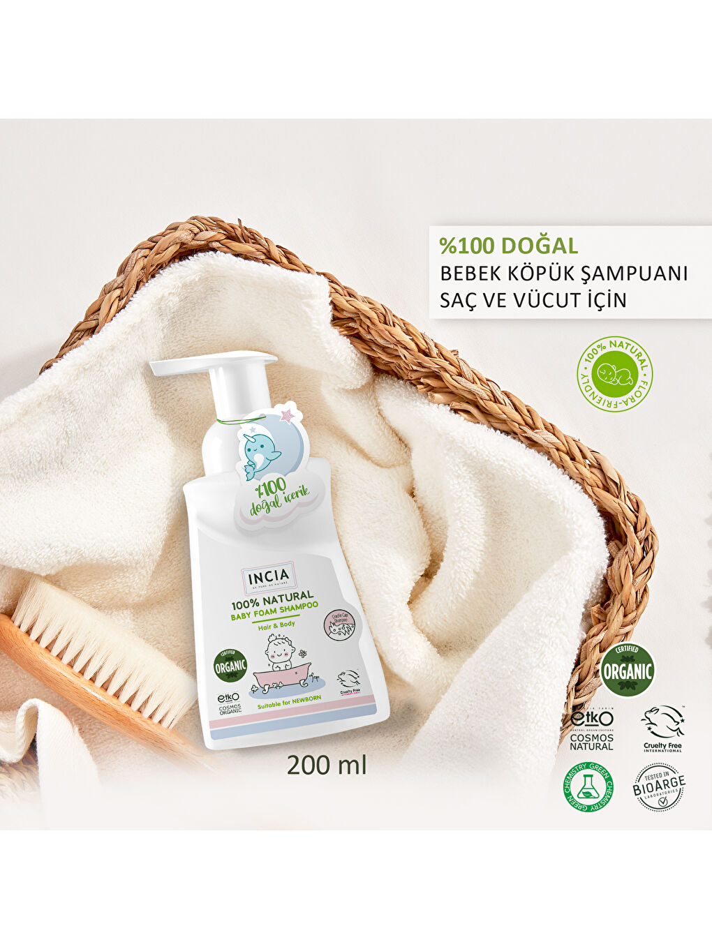 %100 Doğal Organik Sertifikalı Bebek Köpük Şampuanı Saç ve Vücut Konak Önleyici Yenidoğan 200 ml-1