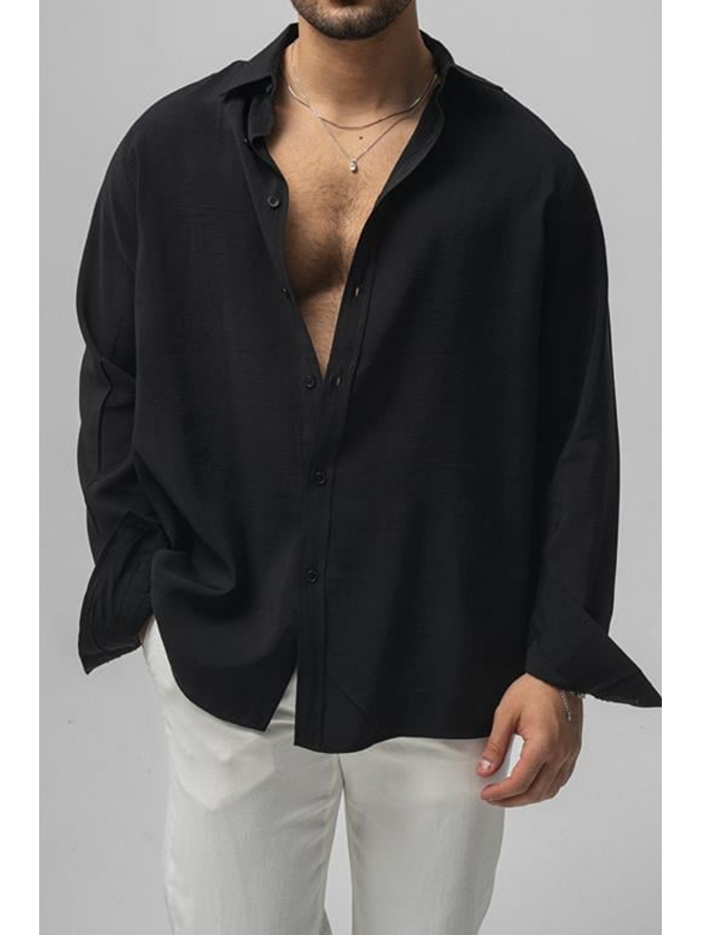 Erkek Siyah Düz Keten Oversize Gömlek-2