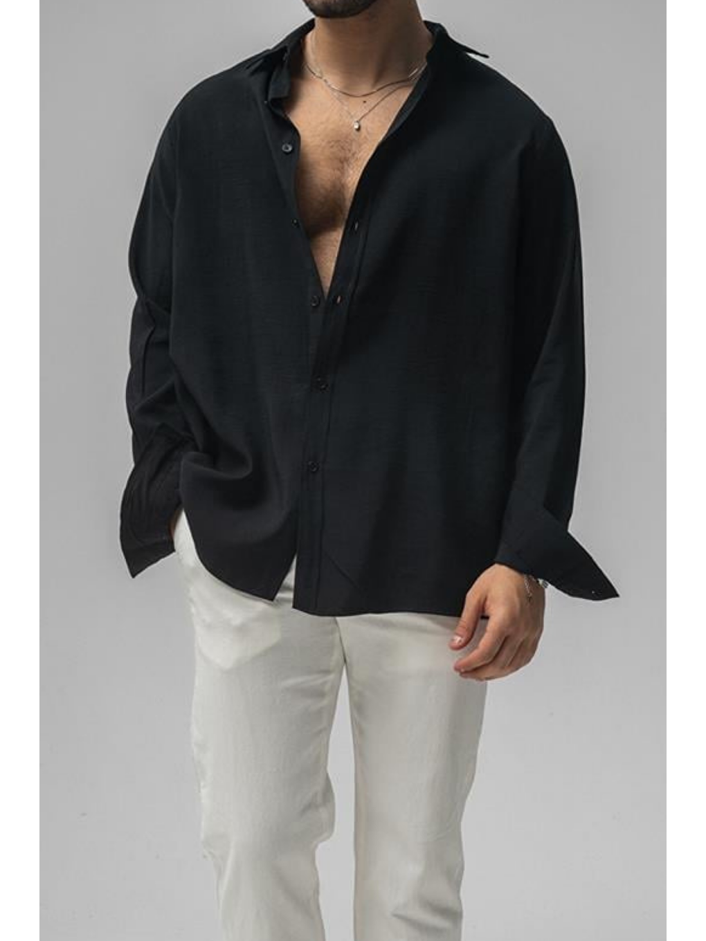 Erkek Siyah Düz Keten Oversize Gömlek-3