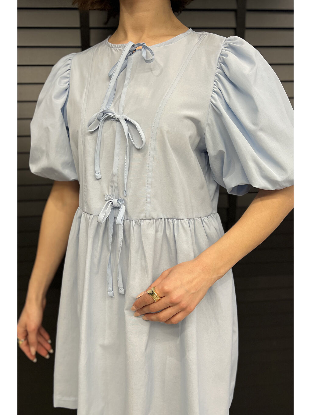 Mavi Kadın Ön Bağlamalı Prenses Kol Elbise-3