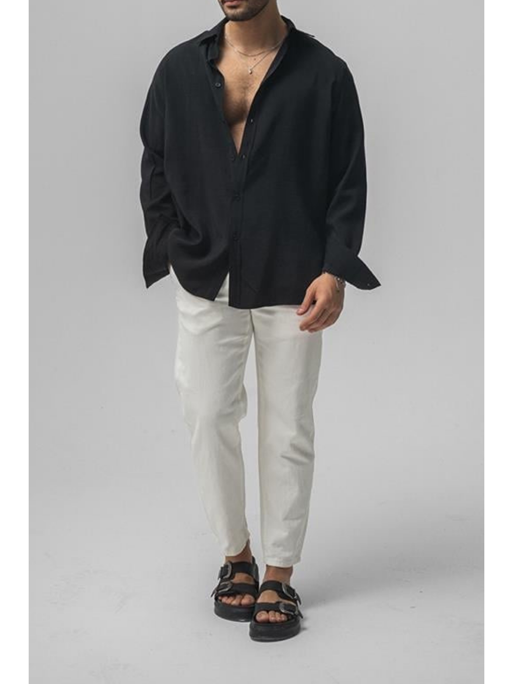 Erkek Siyah Düz Keten Oversize Gömlek-4