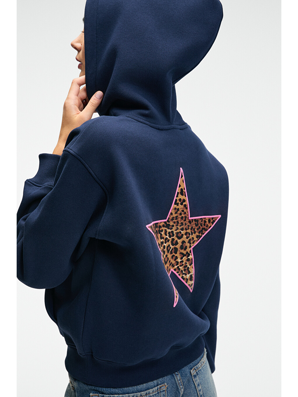 Yumea Kadın Oversize Kapüşonlu Baskılı Lacivert Sweatshirt-4