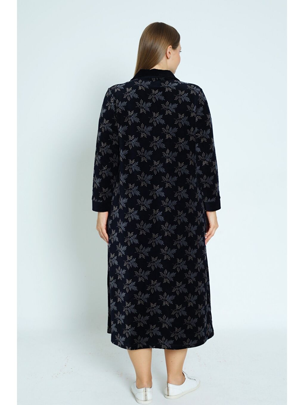 Desenli Lacivert Fermuarlı Uzun Kollu Pamuklu Kadife Uzun Kadın Büyük Beden Elbise-3