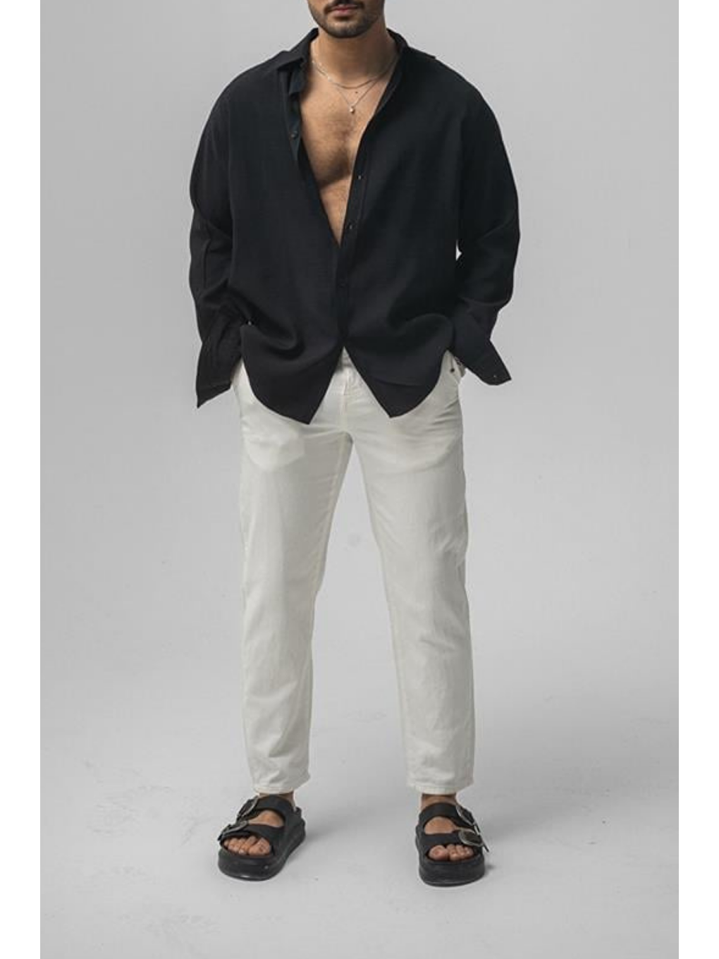 Erkek Siyah Düz Keten Oversize Gömlek-5
