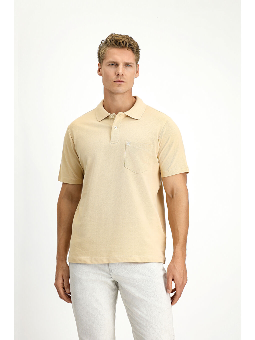 Bej Polo Yaka Regular Fit Nakışlı Pamuk %100 Pamuk Tişört