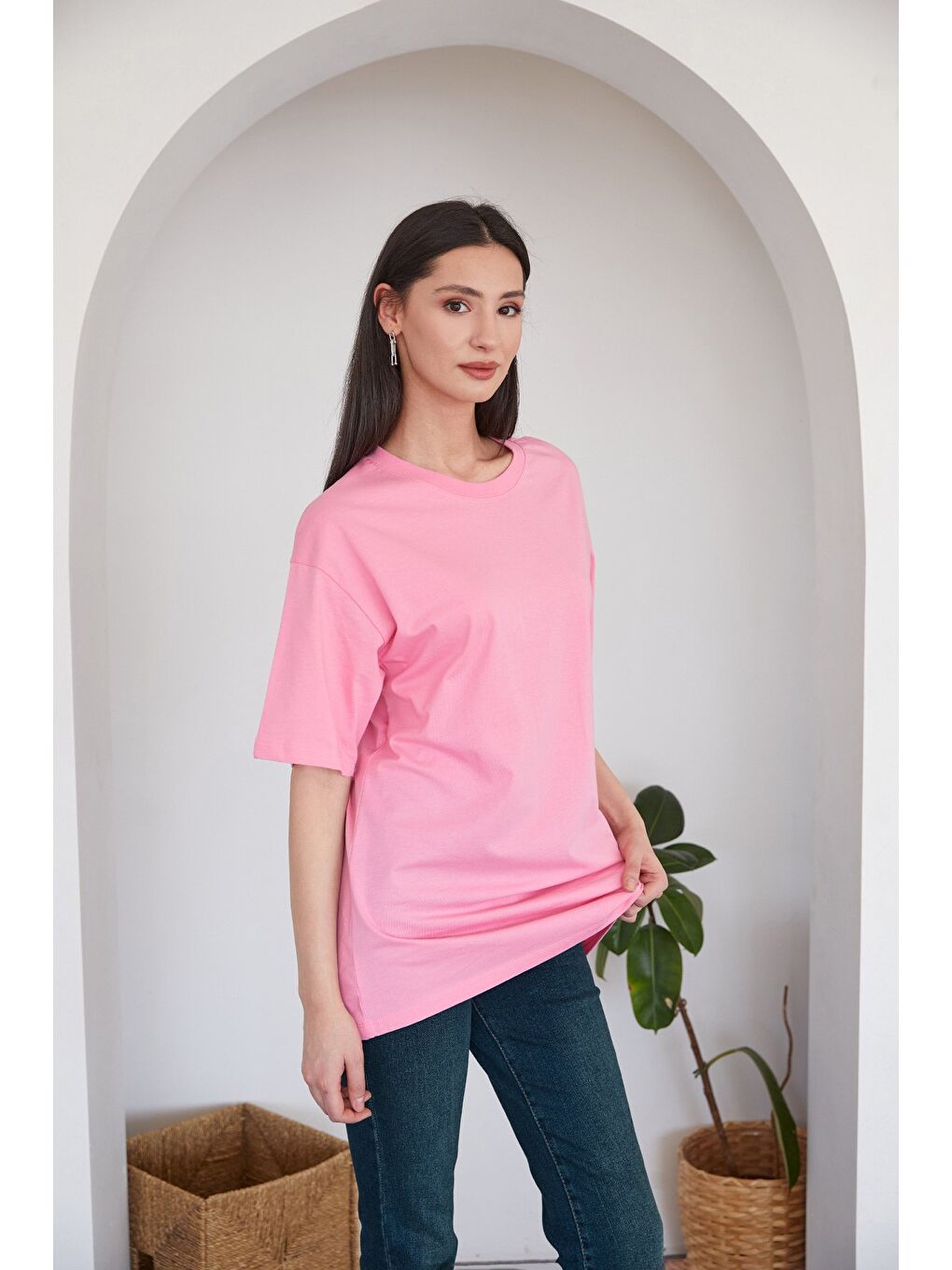 Fullamoda Pembe Basic Oversize Bisiklet Yaka Tişört