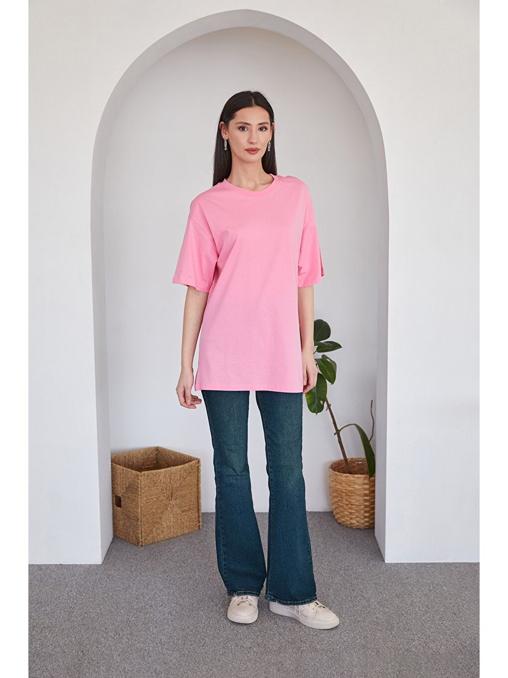 Fullamoda Pembe Basic Oversize Bisiklet Yaka Tişört - 1