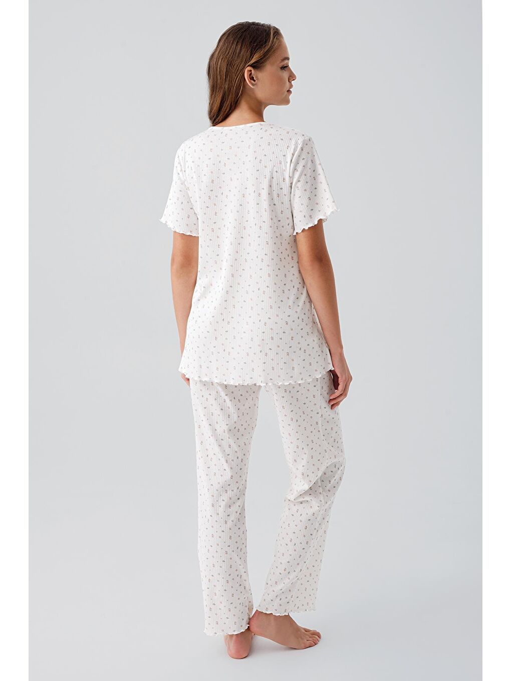 Renksiz Kısa Kollu Düğmeli Çiçek Desenli %100 Pamuk Hamile Pijama Takım 19206-2