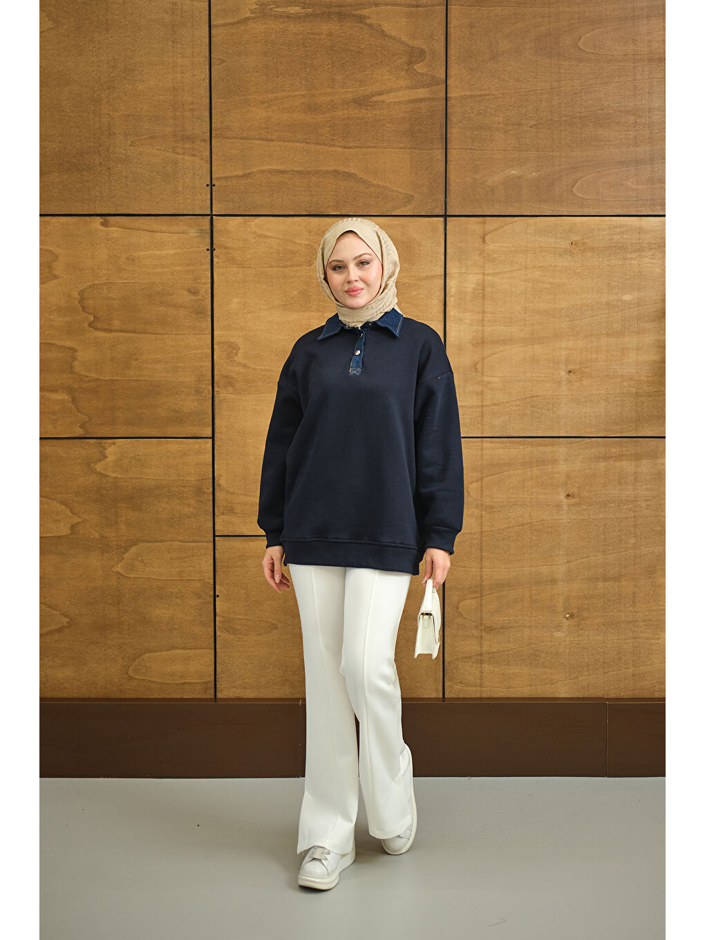 Kadın Yakası Jean Detay Sweat Lacivert-2