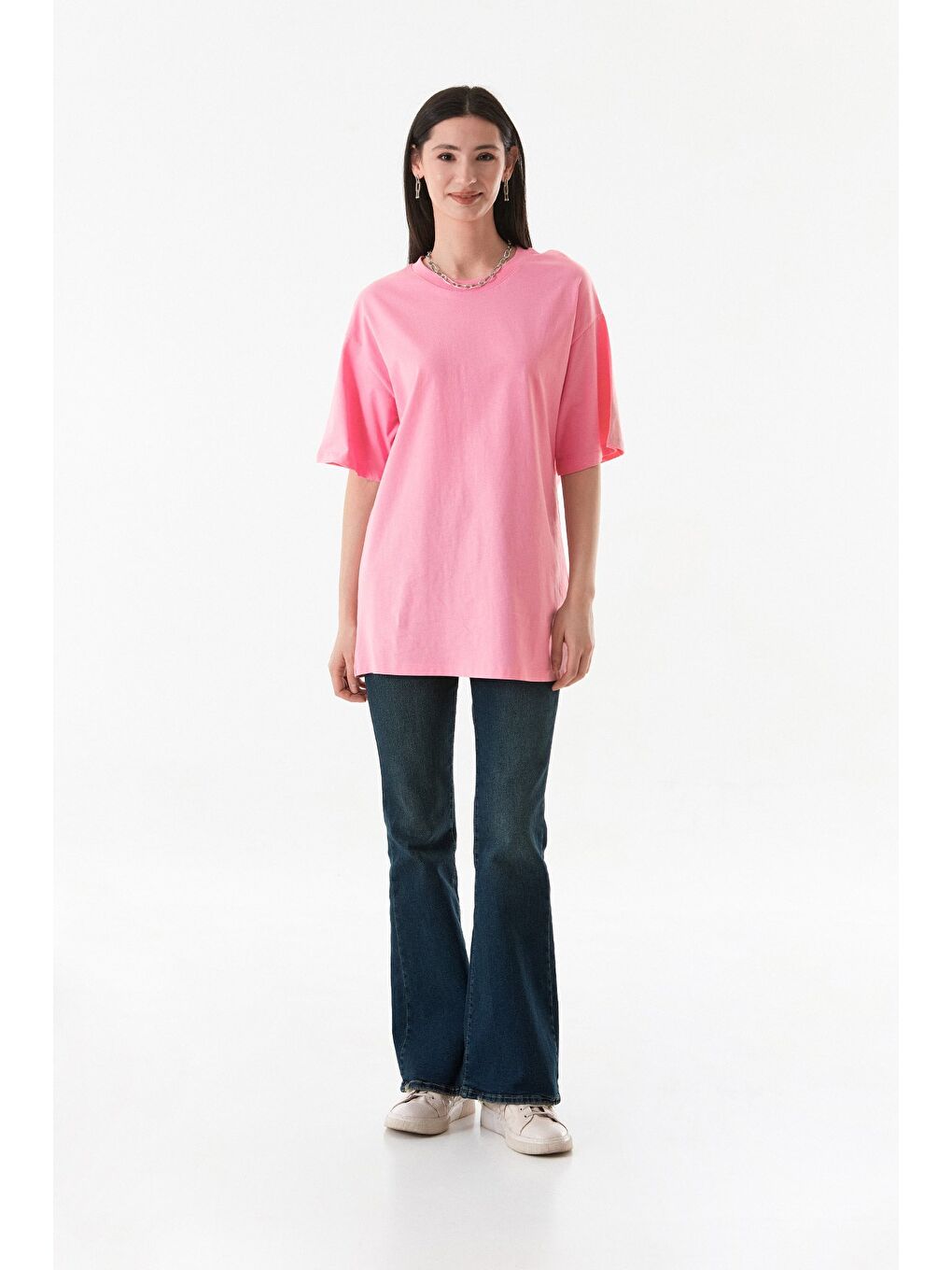 Fullamoda Pembe Basic Oversize Bisiklet Yaka Tişört - 2