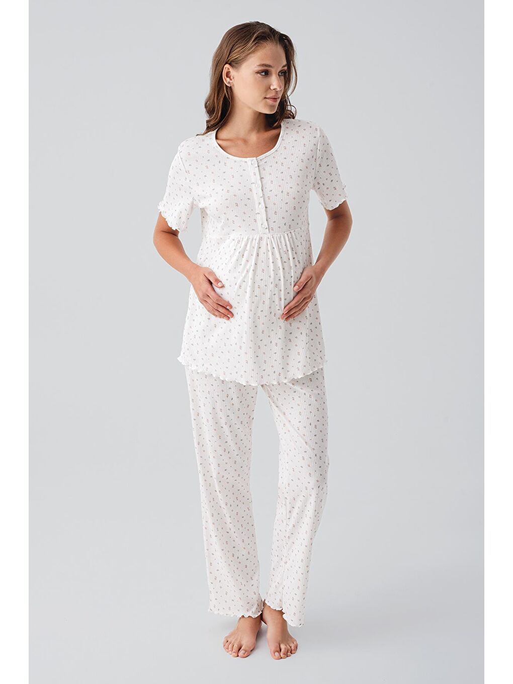 Renksiz Kısa Kollu Düğmeli Çiçek Desenli %100 Pamuk Hamile Pijama Takım 19206-3
