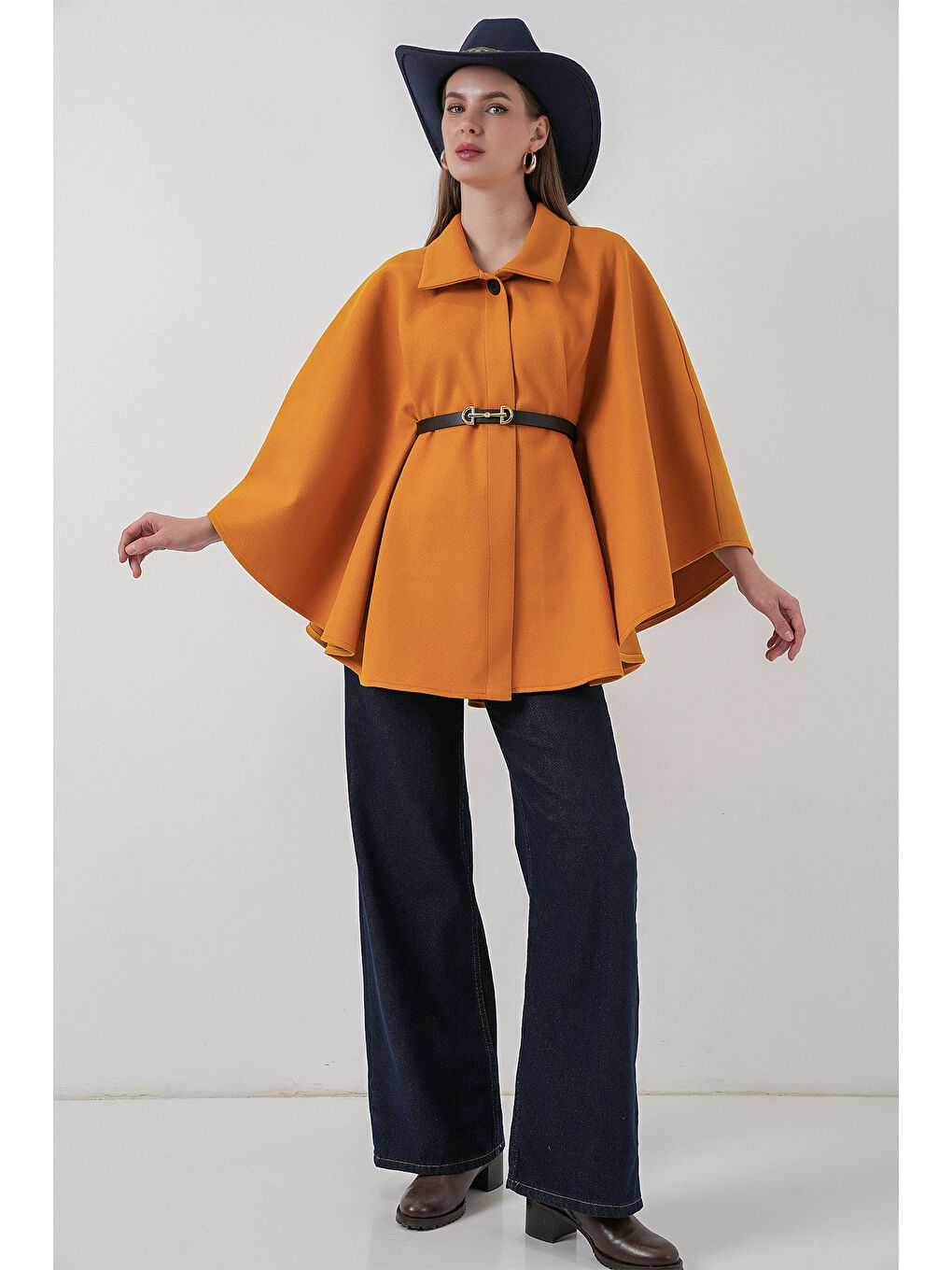 Sarı Kadın Kemerli Kaşe Panço 9170 - Hardal-1