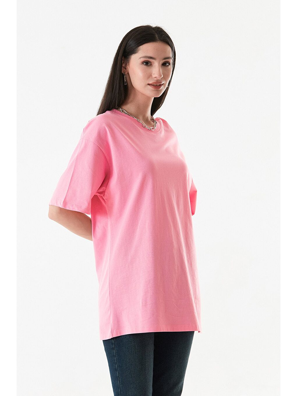 Fullamoda Pembe Basic Oversize Bisiklet Yaka Tişört - 3