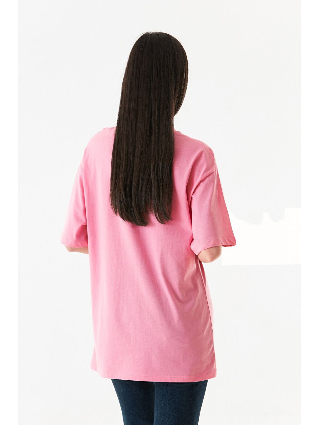 Fullamoda Pembe Basic Oversize Bisiklet Yaka Tişört - 4
