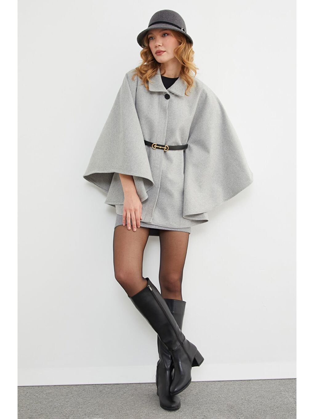 Gri Kemerli Polo Yaka Kaşe Panço-1