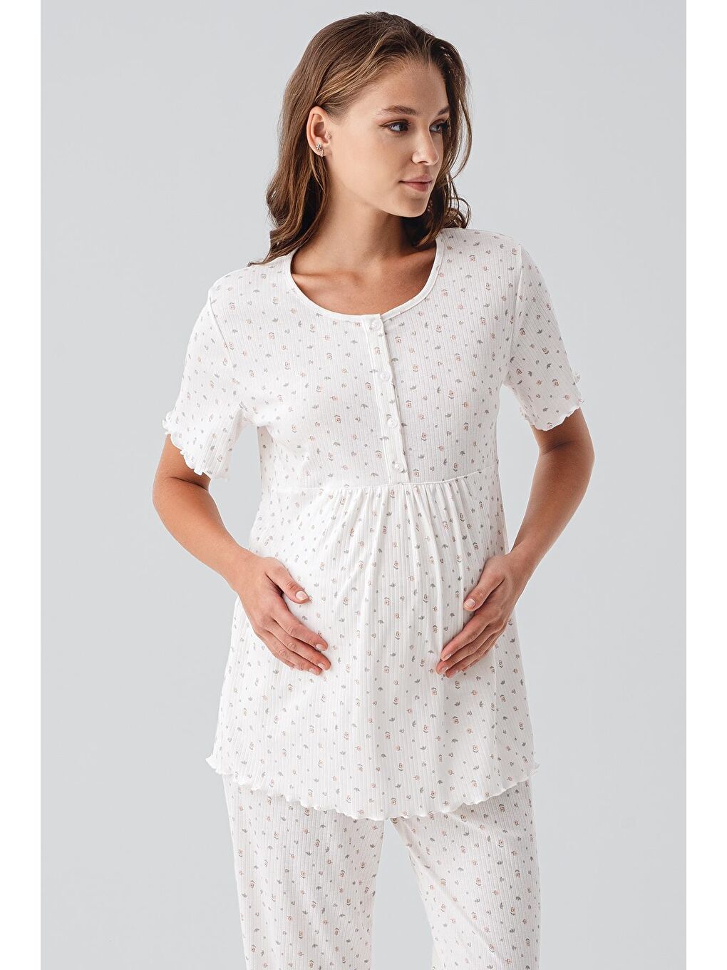 Renksiz Kısa Kollu Düğmeli Çiçek Desenli %100 Pamuk Hamile Pijama Takım 19206-5