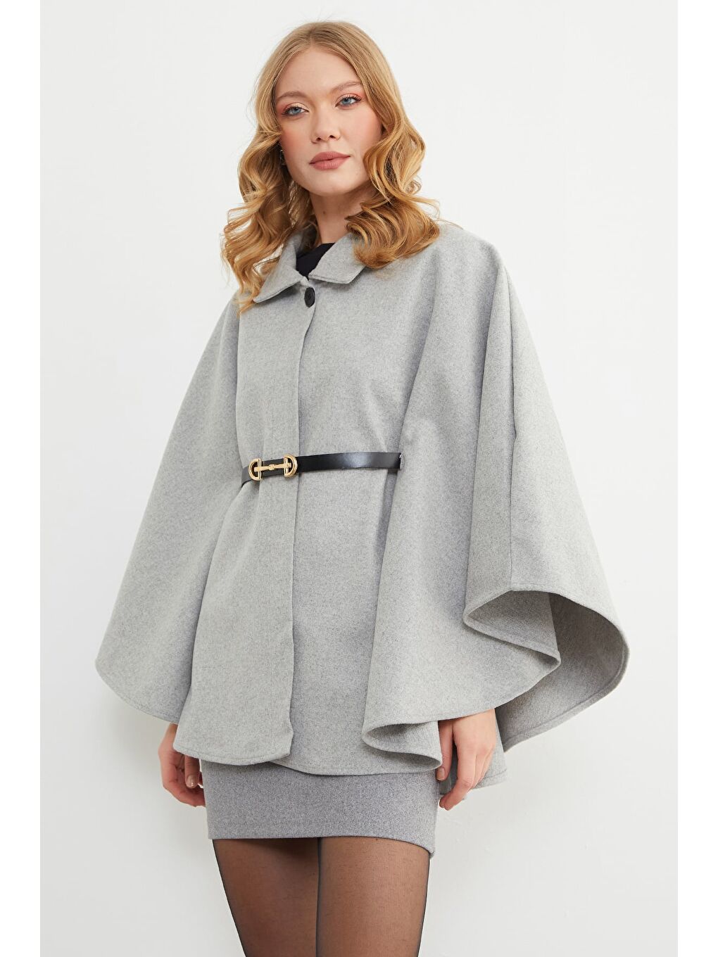 Gri Kemerli Polo Yaka Kaşe Panço-2