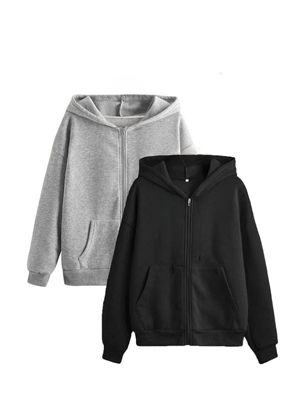 2li Set Siyah Gri Kapüşon Detay Fermuarlı Hırka