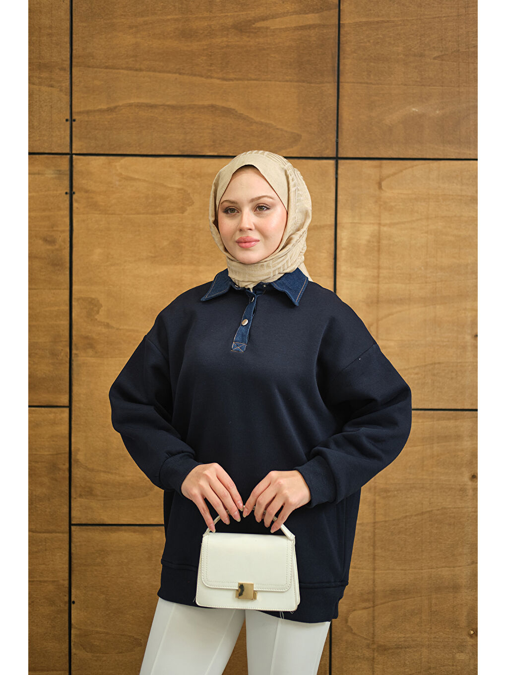 Kadın Yakası Jean Detay Sweat Lacivert-3