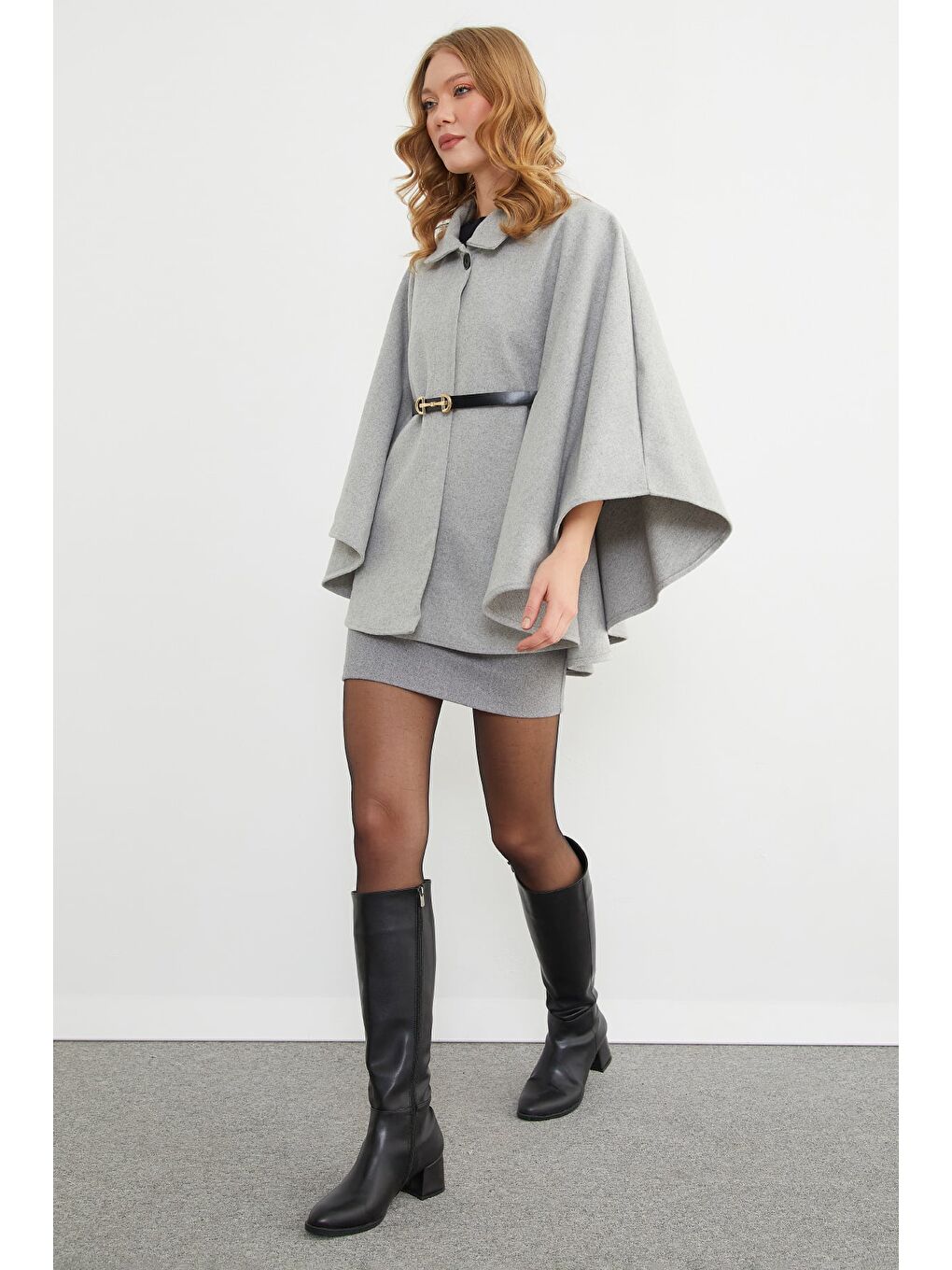 Gri Kemerli Polo Yaka Kaşe Panço-3