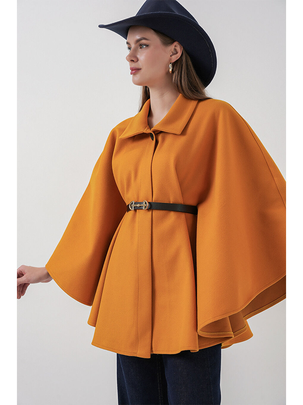 Sarı Kadın Kemerli Kaşe Panço 9170 - Hardal-2