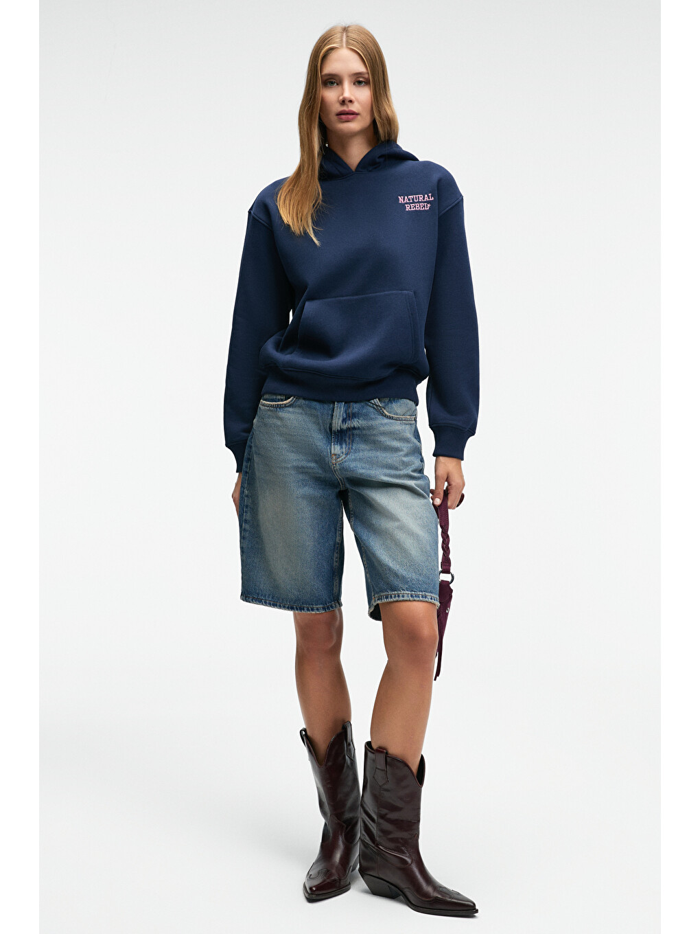 Yumea Kadın Oversize Kapüşonlu Baskılı Lacivert Sweatshirt-5