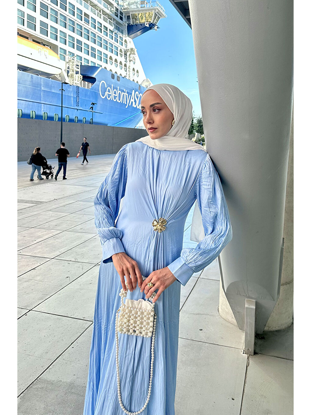 Kadın Ön Bronş Kırışık Elbise Mavi-1