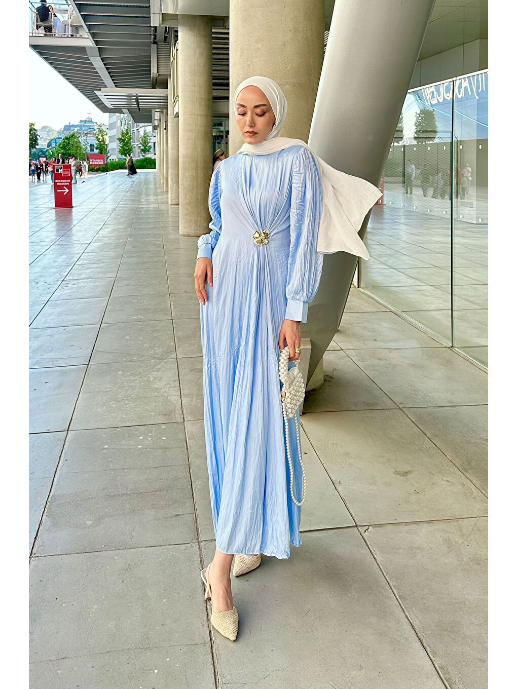 Kadın Ön Bronş Kırışık Elbise Mavi-2