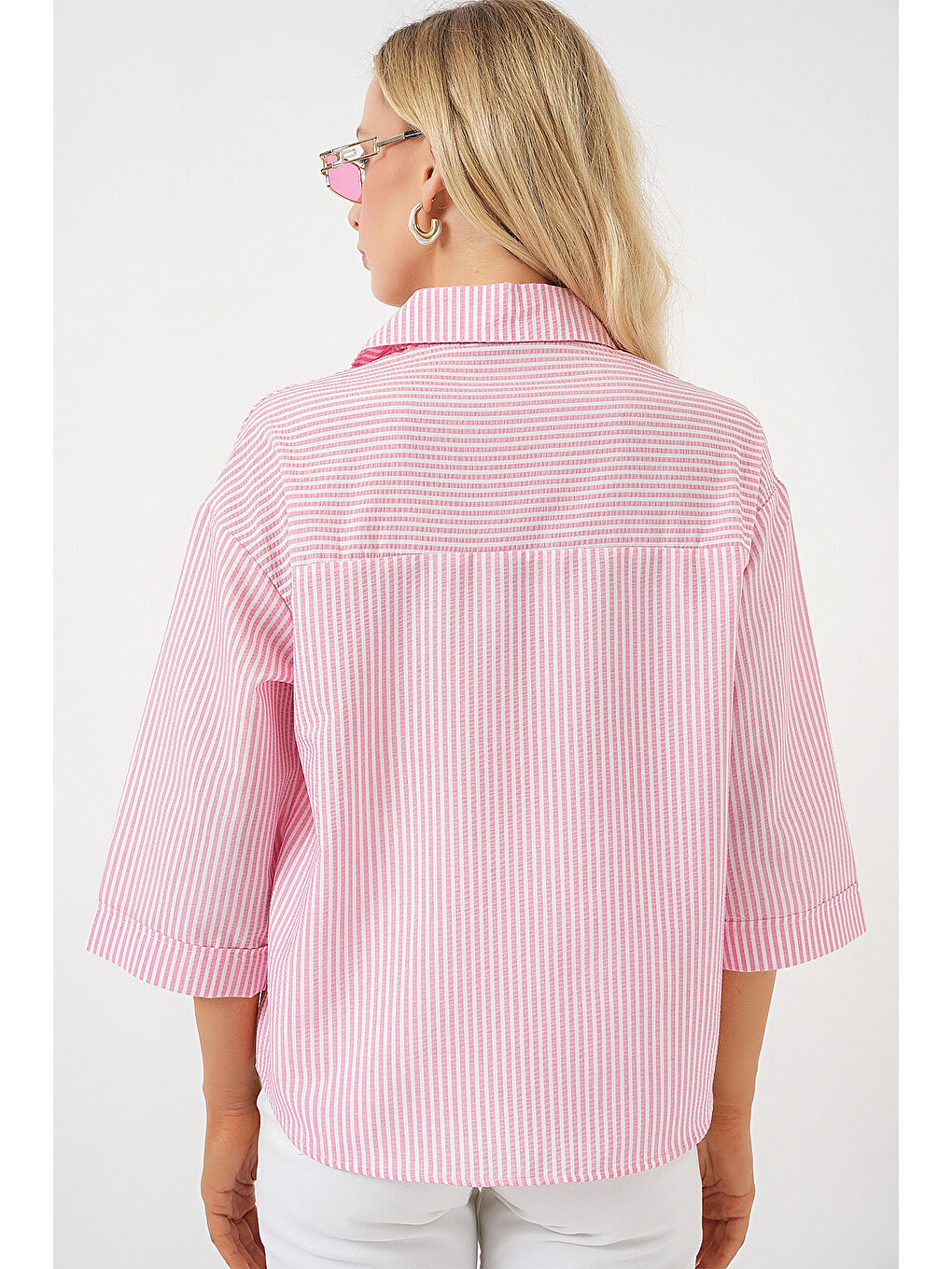 Kadın Tek Cep Nakışlı Gömlek 20328 - Pembe-5