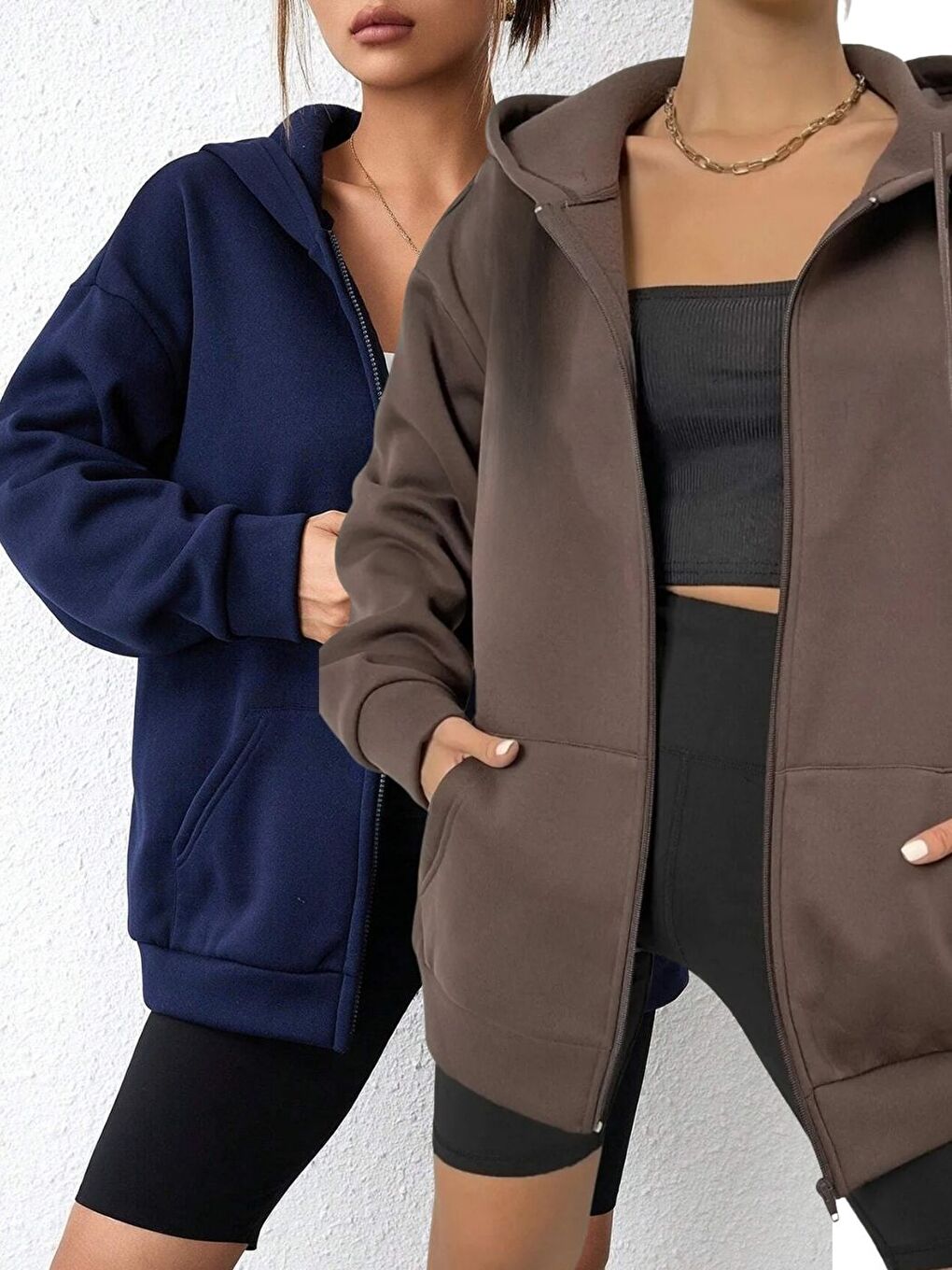 Lacivert 2li Set Laci Kahve Kapüşon Detay Fermuarlı Hırka