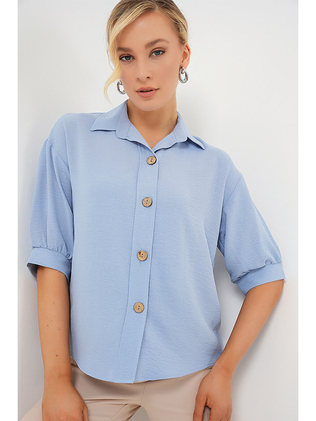 Bej Kısa Kol Oversize Keten Gömlek 20240 - B.Mavi-2