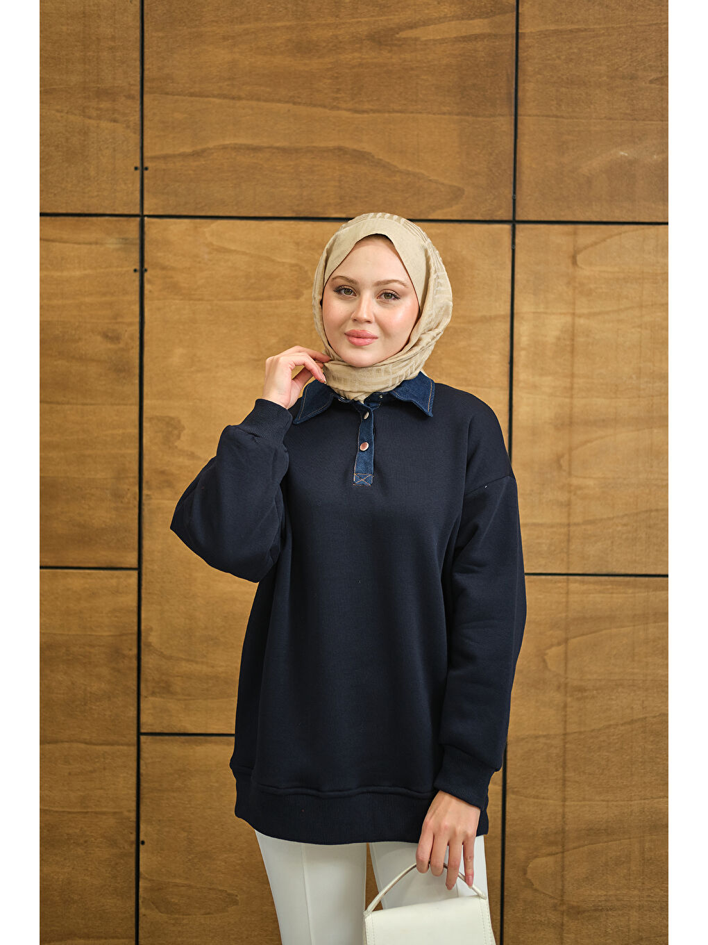 Kadın Yakası Jean Detay Sweat Lacivert-4