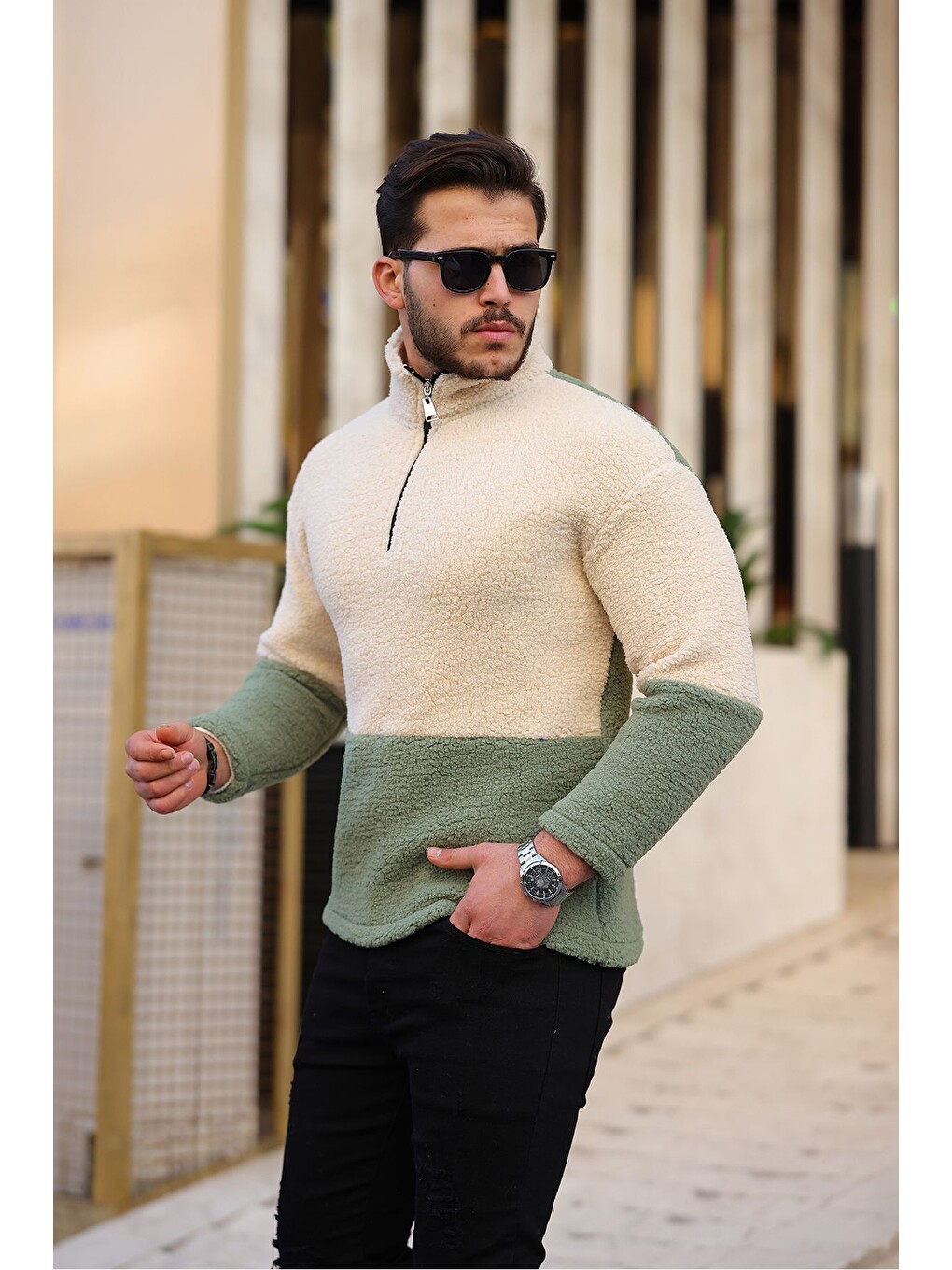 Karışık Yarım Fermuarlı Çift Renk Pelüş Sweatshirt