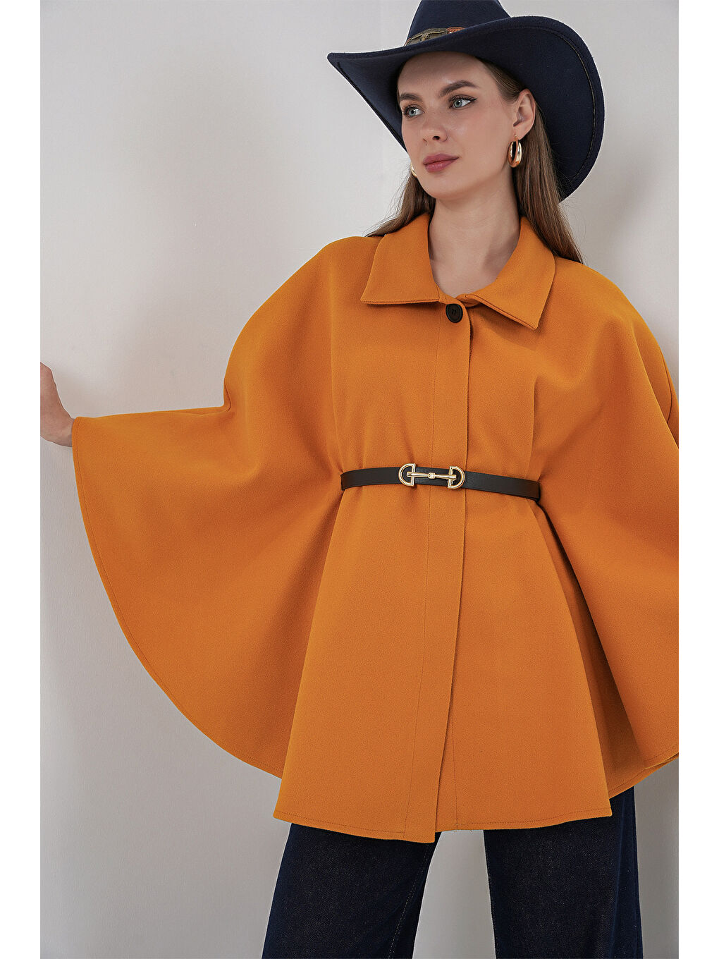 Sarı Kadın Kemerli Kaşe Panço 9170 - Hardal-3