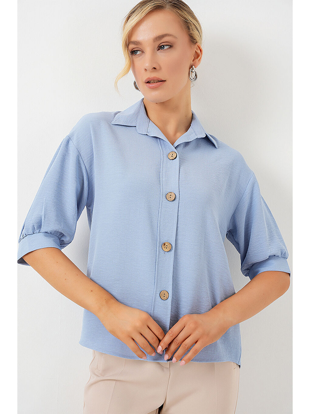 Bej Kısa Kol Oversize Keten Gömlek 20240 - B.Mavi-3