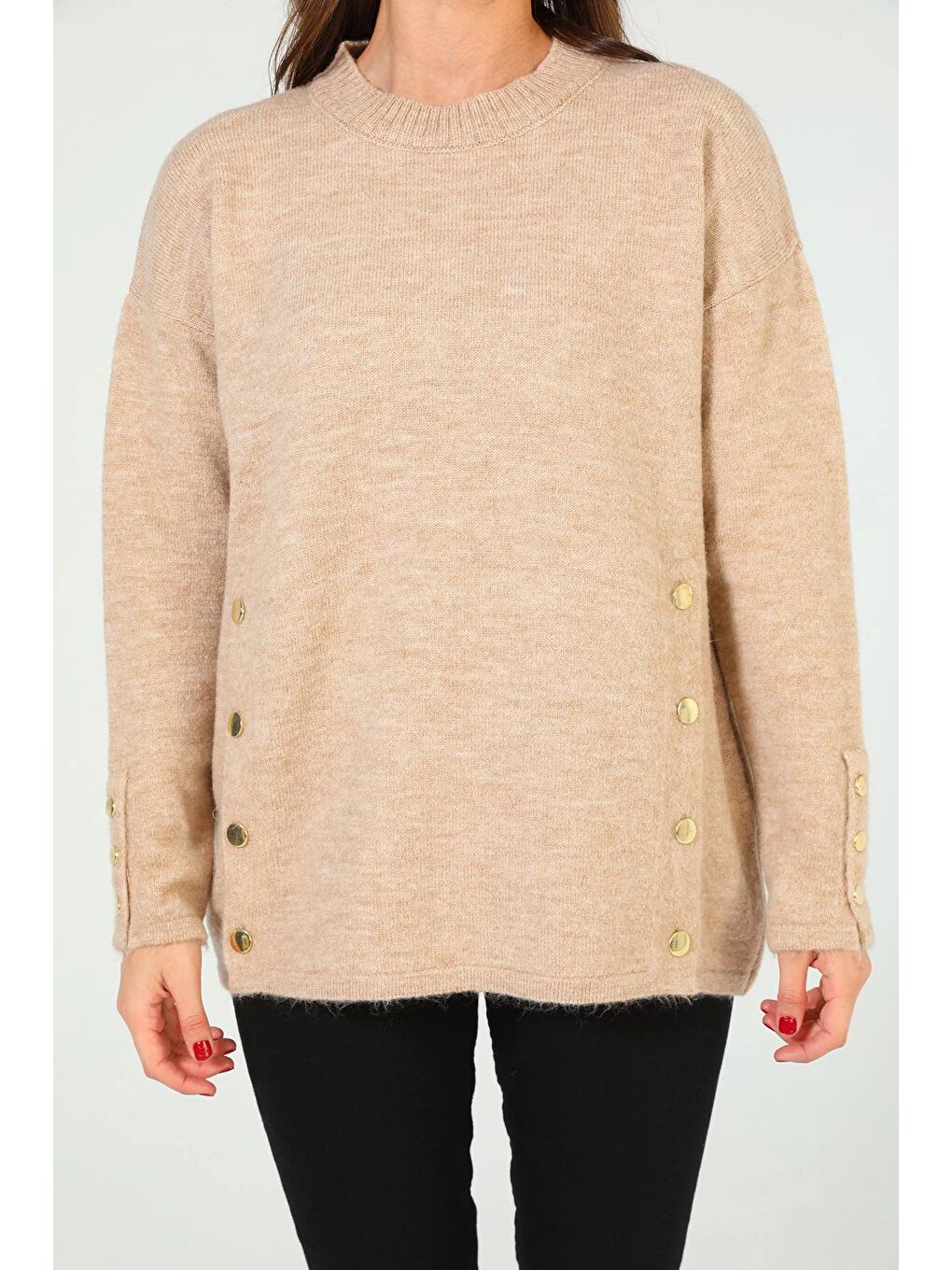 Bej Kadın Bisiklet Yaka Yan Düğme Detaylı Salaş Triko Kazak-9