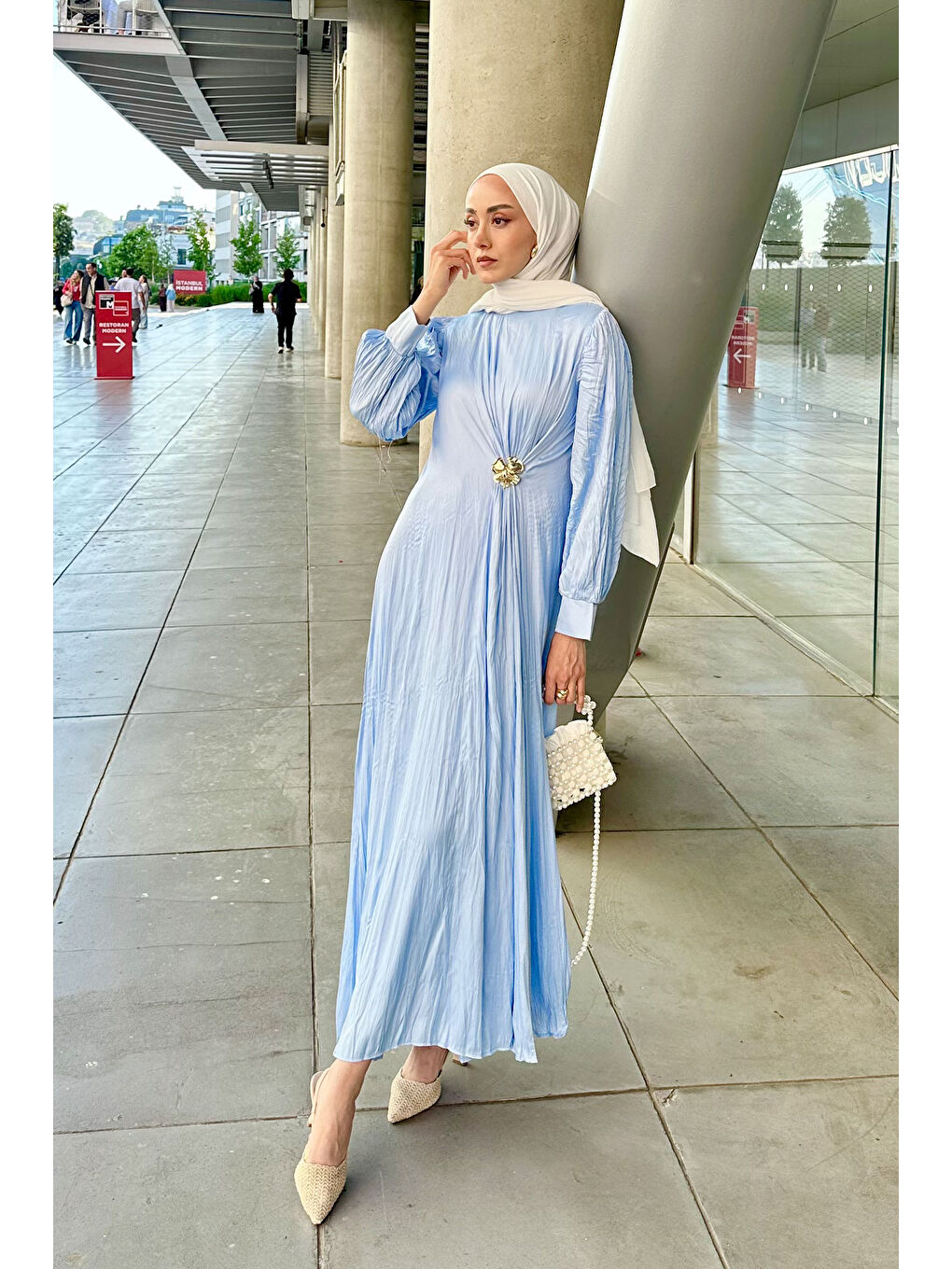 Kadın Ön Bronş Kırışık Elbise Mavi-3