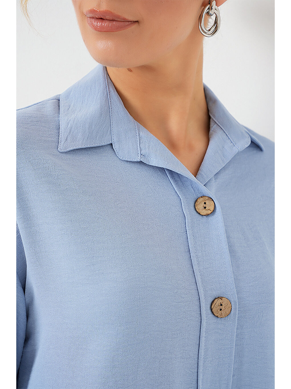 Bej Kısa Kol Oversize Keten Gömlek 20240 - B.Mavi-4