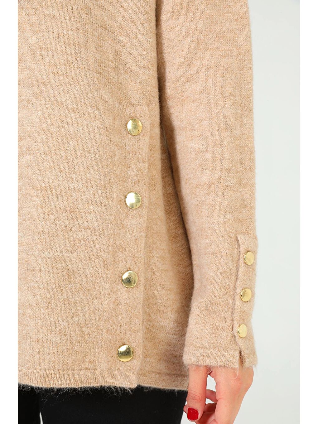 Bej Kadın Bisiklet Yaka Yan Düğme Detaylı Salaş Triko Kazak-10