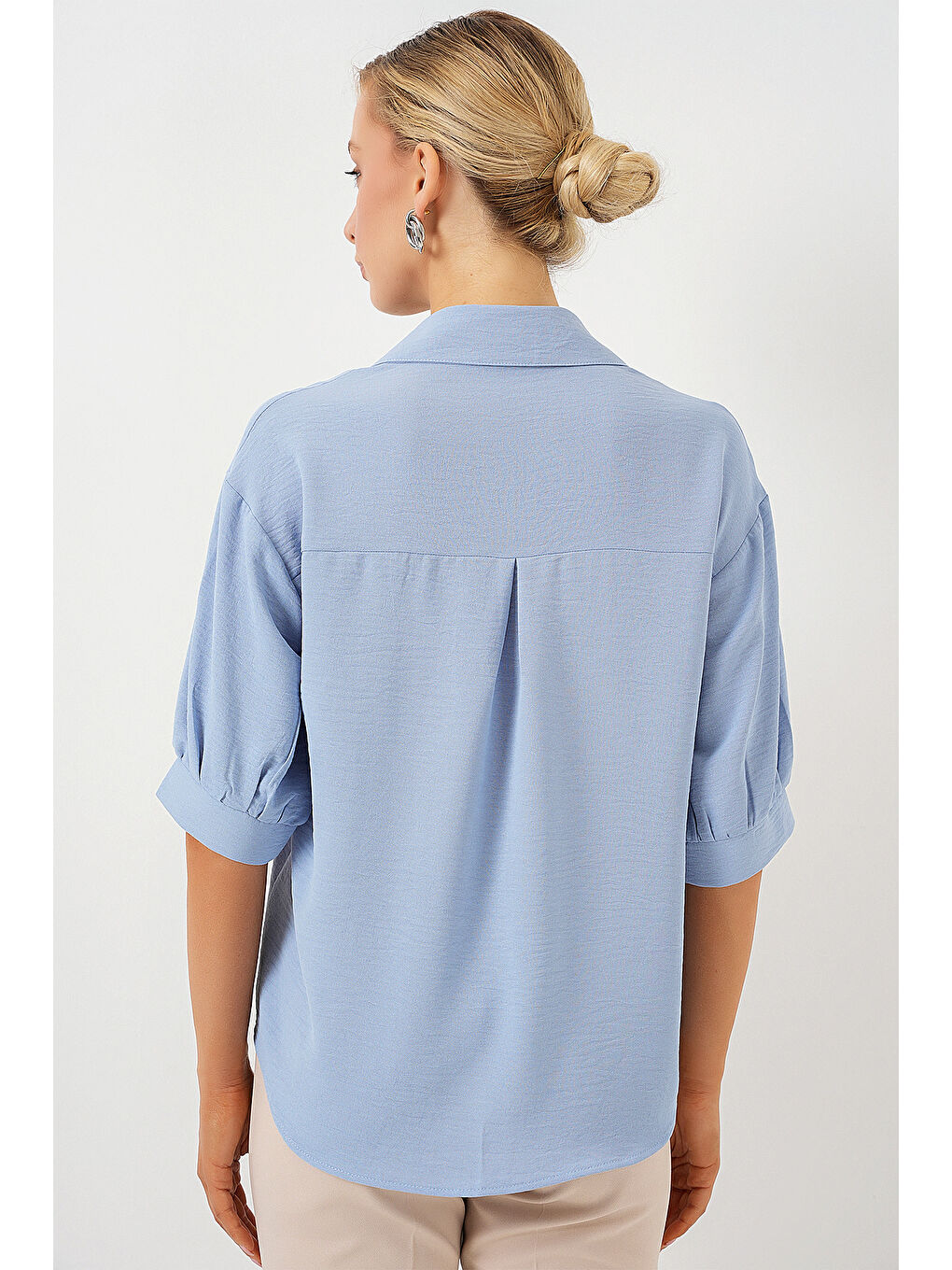 Bej Kısa Kol Oversize Keten Gömlek 20240 - B.Mavi-5