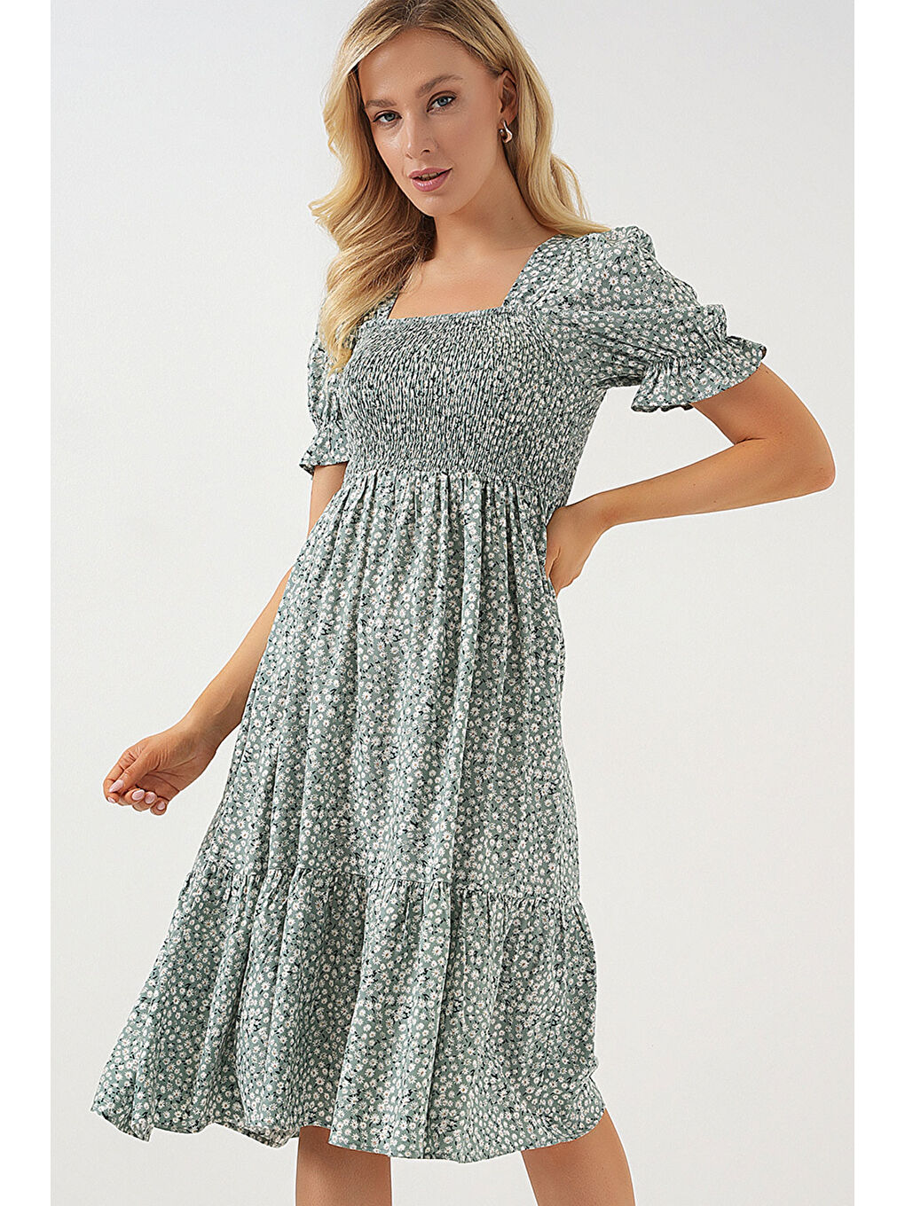 Yeşil Kadın Kısa Kol Çiçekli Elbise 2556 - Mint